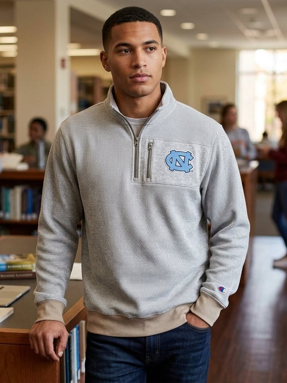 Champion Sweatshirt North Carolina Unisex Size Large Gray Collegiate 1/4 Zip